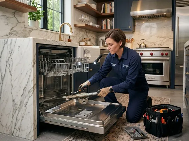 Appliance Repair Hero technician servicing a built-in dishwasher in a Alburtis, PA kitchen