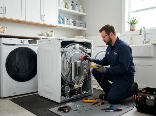Appliance Repair Hero technician checking a dryer heating element with the rear panel off in Alburtis, PA