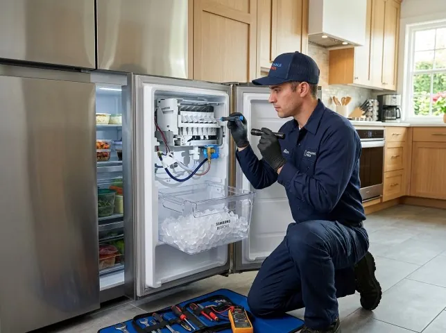 Appliance Repair Hero technician repairing a refrigerator ice maker in Alburtis, PA