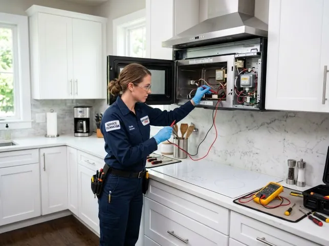 Appliance Repair Hero technician testing an over-the-range microwave in a Alburtis, PA kitchen