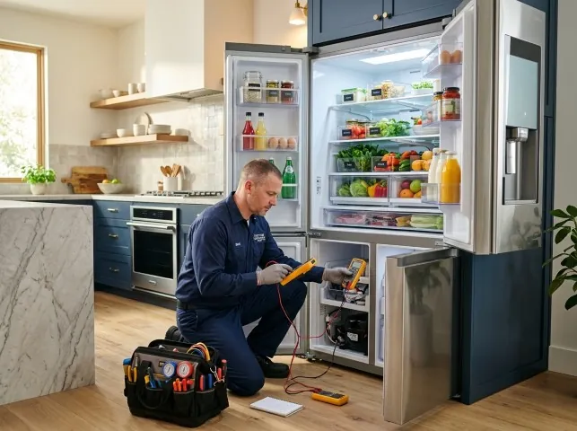 Appliance Repair Hero refrigerator technician testing a fridge on a Alburtis, PA service call