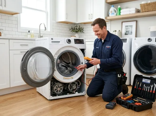 Appliance Repair Hero technician testing a front-load washer with a multimeter on a Alburtis, PA service call